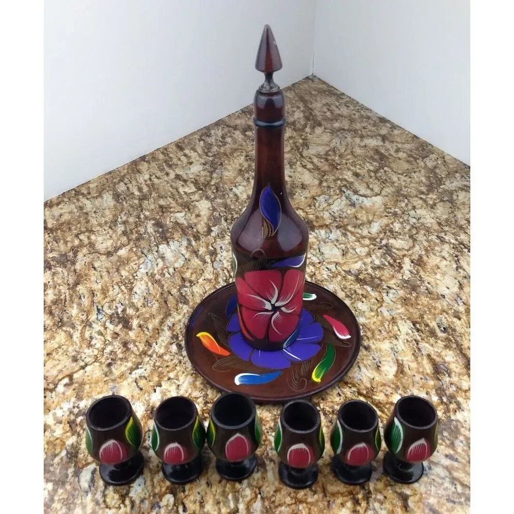 VTG Turned Wood Decanter Set w/ 6 Goblet Shot Glasses & Tray Hand Painted Floral